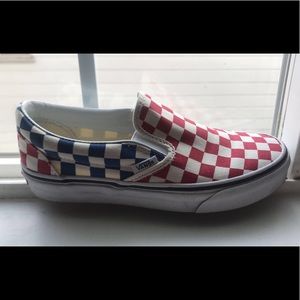 red and blue checkered slip on vans